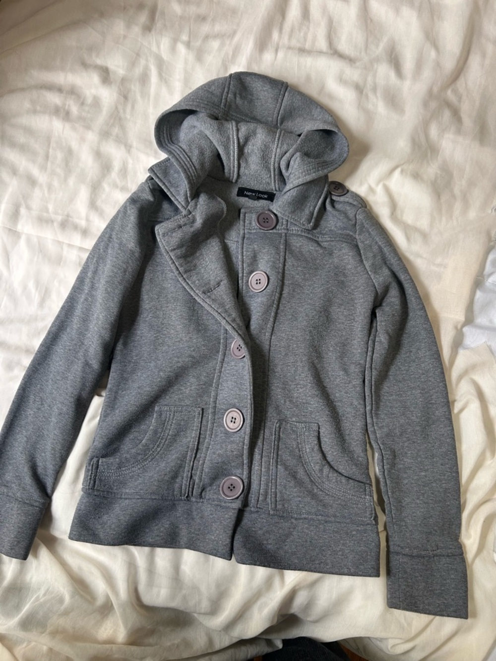 New Look Grey Womens Overcoat Small Button Up Vintage EUC Cotton Blend Winter